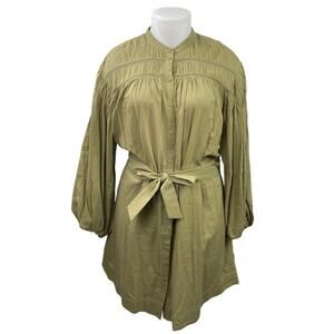 Witchery Womens Green Long Sleeve Belted Pleated Button Down Mini Shirt Dress 16